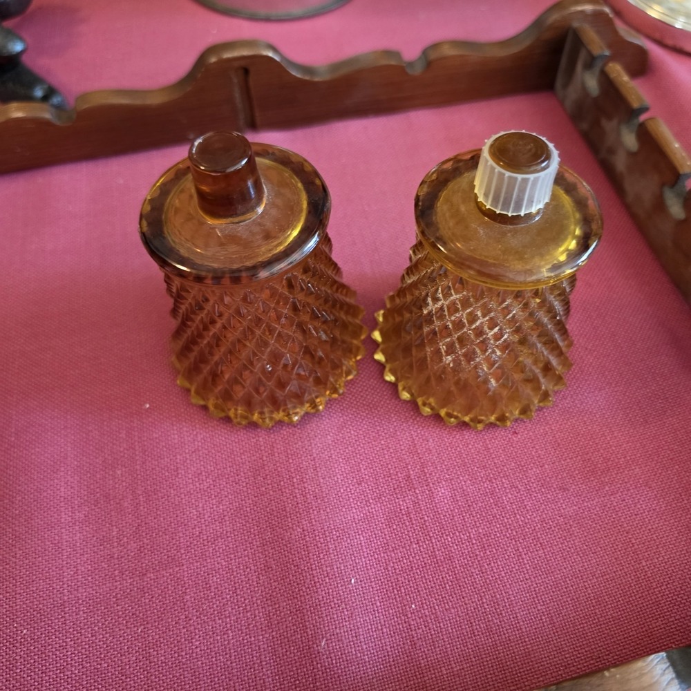 2 Vtg Indiana Glass Amber Diamond Point Peg Votive Sconce Candle Holders Homco